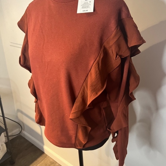 NWT XS Women's Casual Ruffle Crew Neck Sweatshirt Brown Rust - Picture 5 of 5